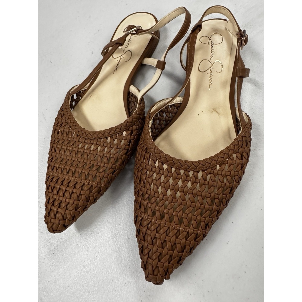 Jessica Simpson Dress Woven Ratan POINTED Flats EUC Size 10 Brown SB14